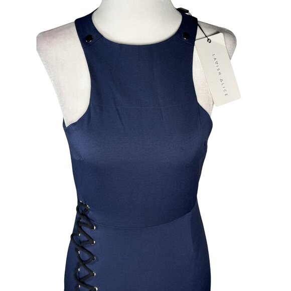 NWT Lavish Alice Womens Dress Size 8 Navy Sleeveless Bodycon Midi Dress Lace-Up - Picture 4 of 12